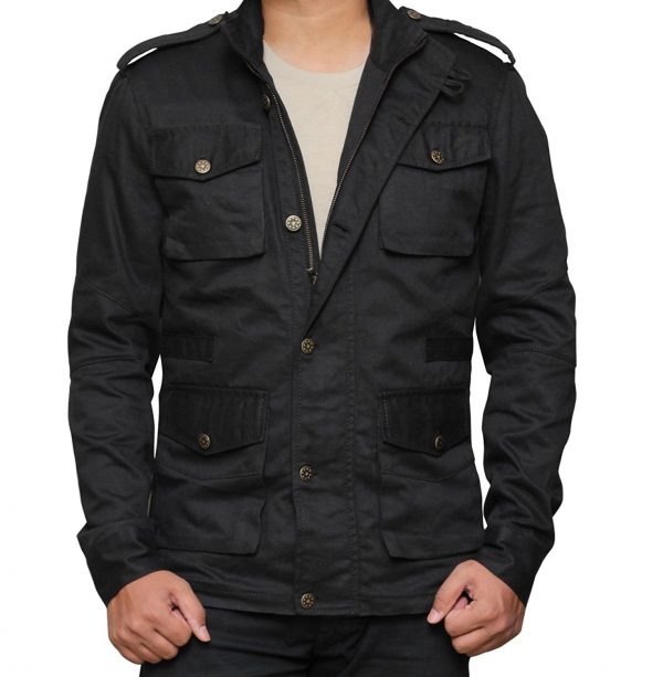 PUNISHER Button Closure Four Pockets Travel Black Cotton Jacket