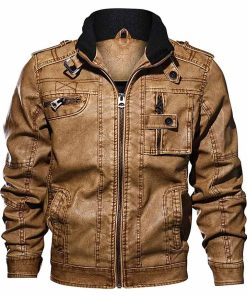 Mens Casual Long Sleeve Zip Up Distressed Faux Leather Moto Jacket