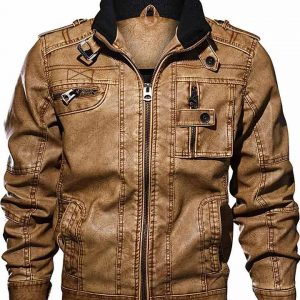 Mens Casual Long Sleeve Zip Up Distressed Faux Leather Moto Jacket