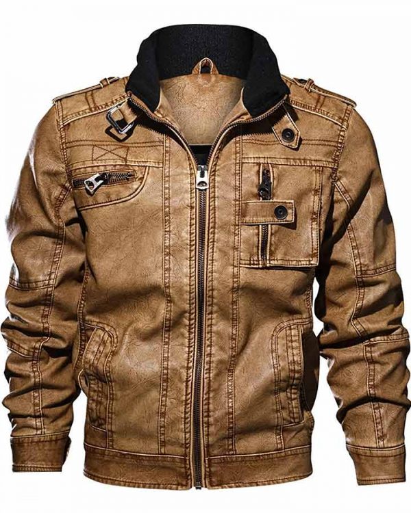 Mens Casual Long Sleeve Zip Up Distressed Faux Leather Moto Jacket