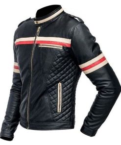 Mens Red And White Striped Black Motorcycle Jacket
