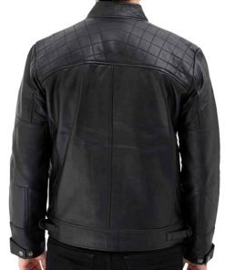 Alternative view of Black Mens Quilted Leather Cafe Racer Jacket With Snap Button Collar