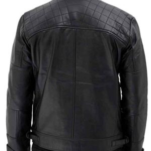 Alternative view of Black Mens Quilted Leather Cafe Racer Jacket With Snap Button Collar
