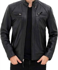 Black Mens Quilted Leather Cafe Racer Jacket With Snap Button Collar
