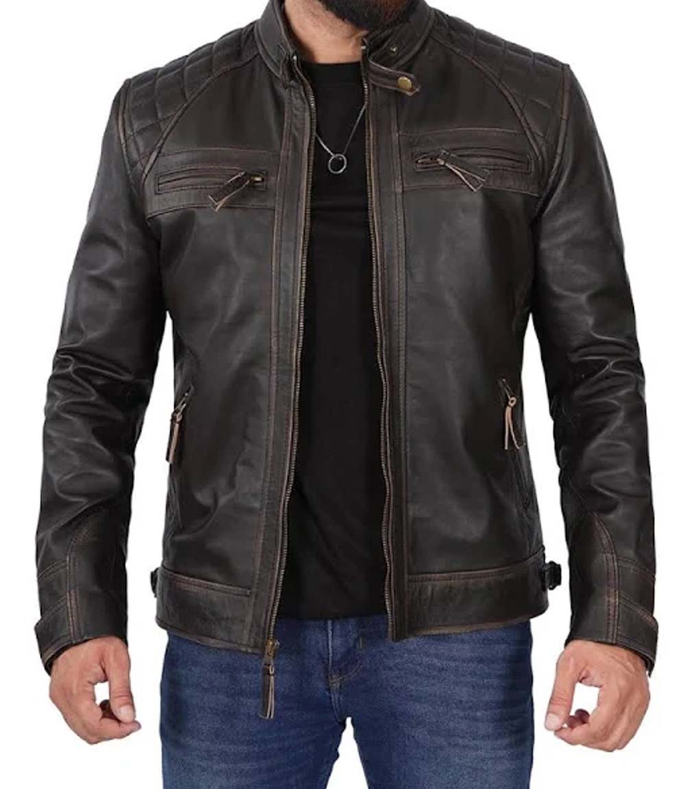 Brown Leather Jacket Mens Biker Distressed | Free Shipping