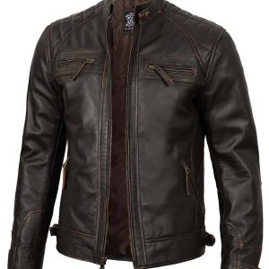 Alternative view of Mens Cafe Racer Distressed High Quality Brown Leather Jacket