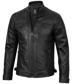 Mens Black Quilted Cafe Racer Leather Jacket