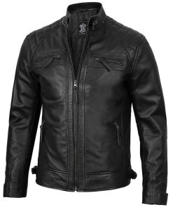 Mens Black Quilted Cafe Racer Leather Jacket