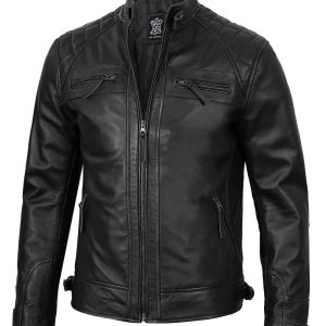 Mens Black Quilted Cafe Racer Leather Jacket