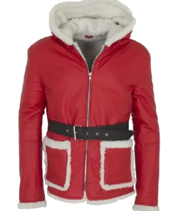 Christmas Costume Santa Leather Coat with Hood FRONT
