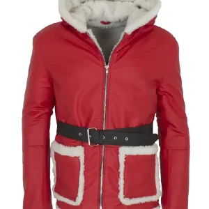Christmas Costume Santa Leather Coat with Hood FRONT