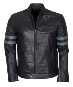 Men Blue Stripe Mayhem Retro Black Biker Jacket