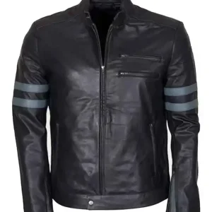 Men Blue Stripe Mayhem Retro Black Biker Jacket