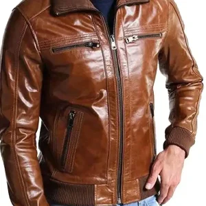 Men Bomber Shining Brown Leather Jacket