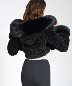 Miss Circle Kali Black and White Cropped Faux Fur Jacket with Hood