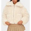 CREAM FAUX FUR POCKET DETAIL CROP JACKET
