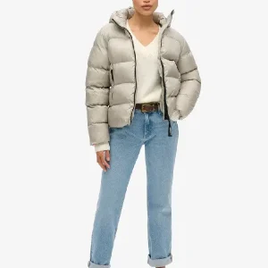 Hooded Luxe Sports Puffer Light Gray Jacket