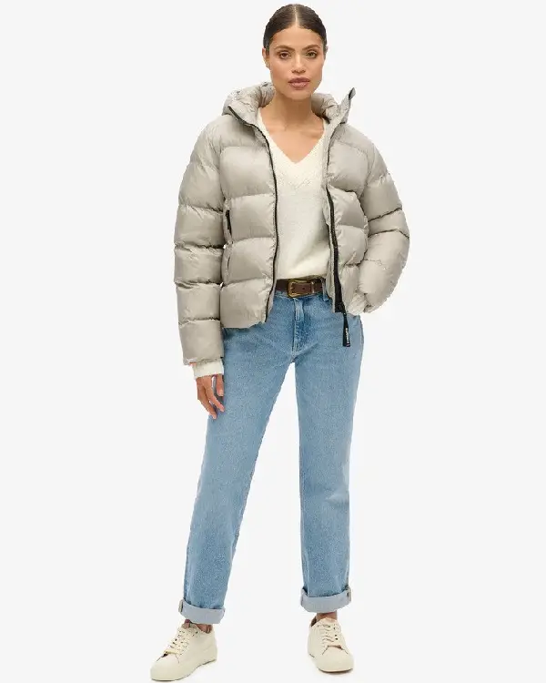 Hooded Luxe Sports Puffer Light Gray Jacket