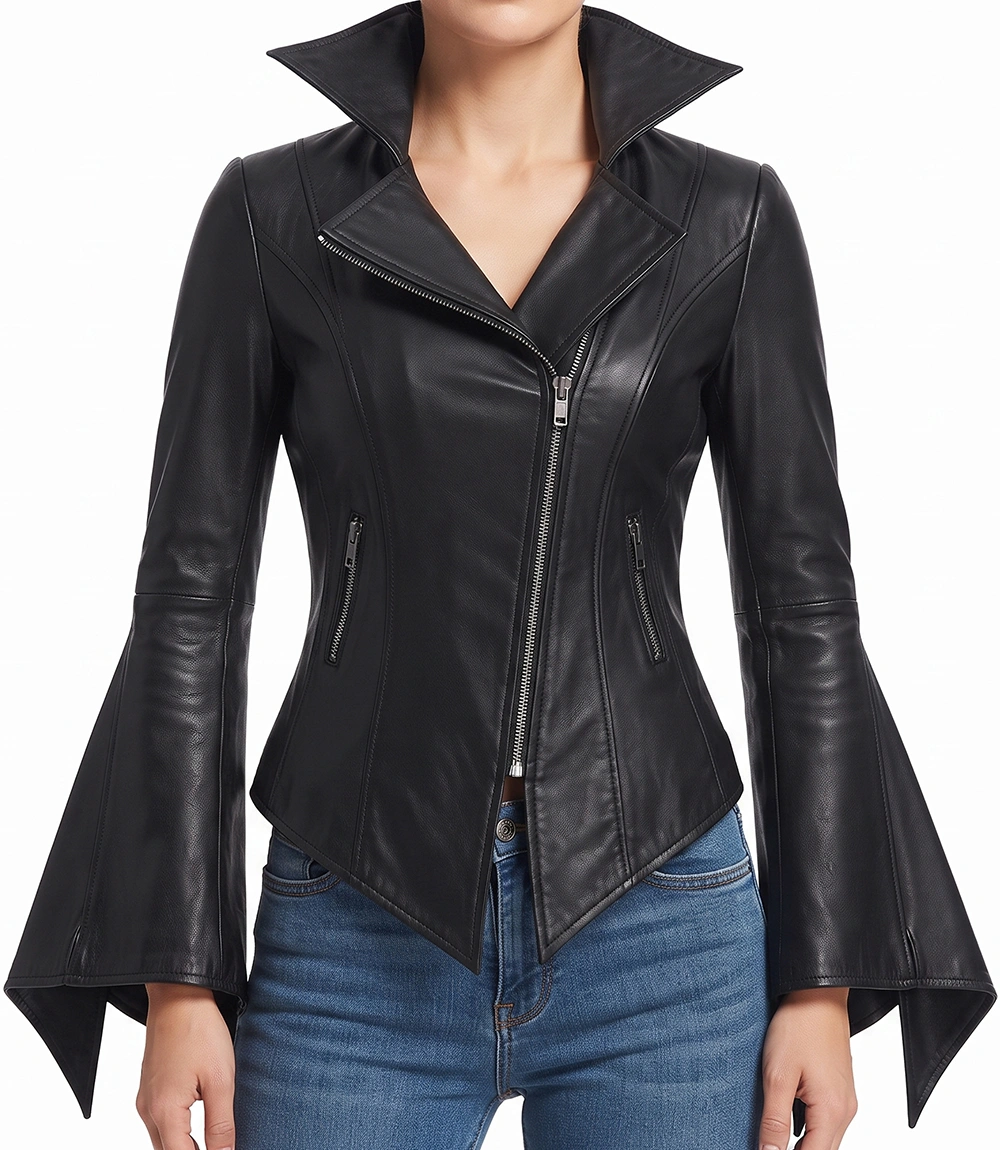 Women's Black Sheepskin Leather Witch Jacket